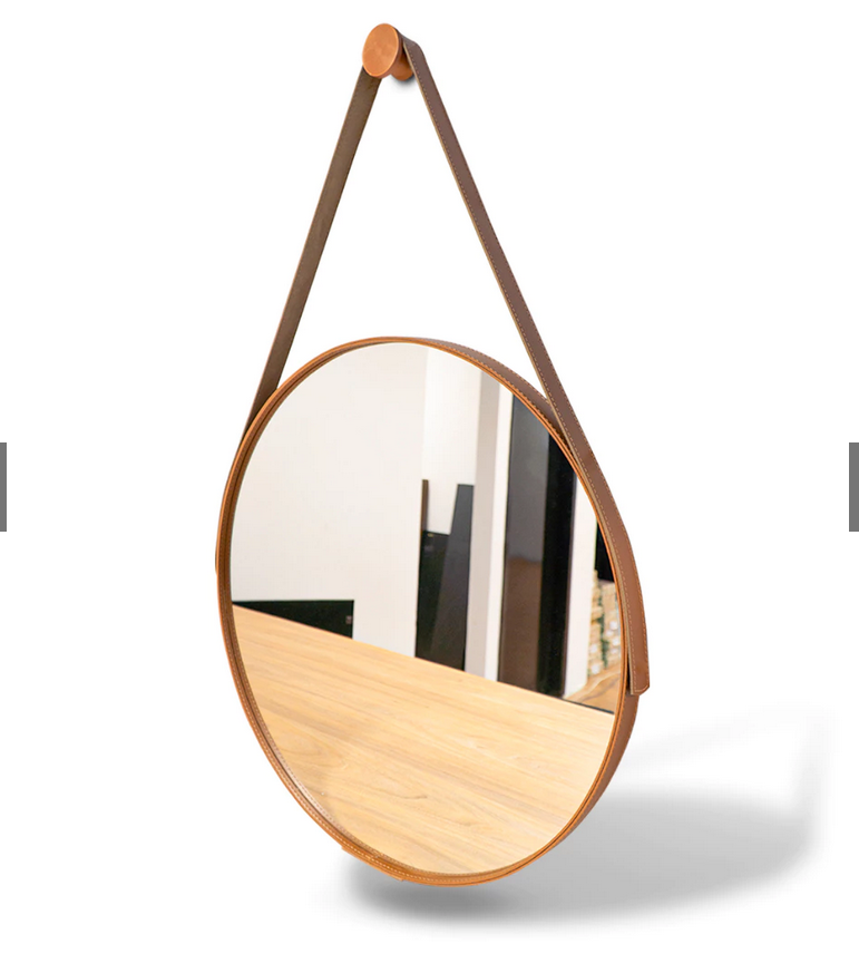Espelho Adnet Couro Costurado Com Alça + Suporte 60cm 50cm 40cm 30cm Sala Quarto Banheiro Redondo