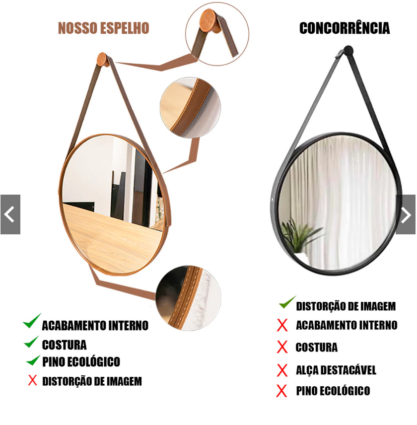Espelho Adnet Couro Costurado Com Alça + Suporte 60cm 50cm 40cm 30cm Sala Quarto Banheiro Redondo - Imagem 2